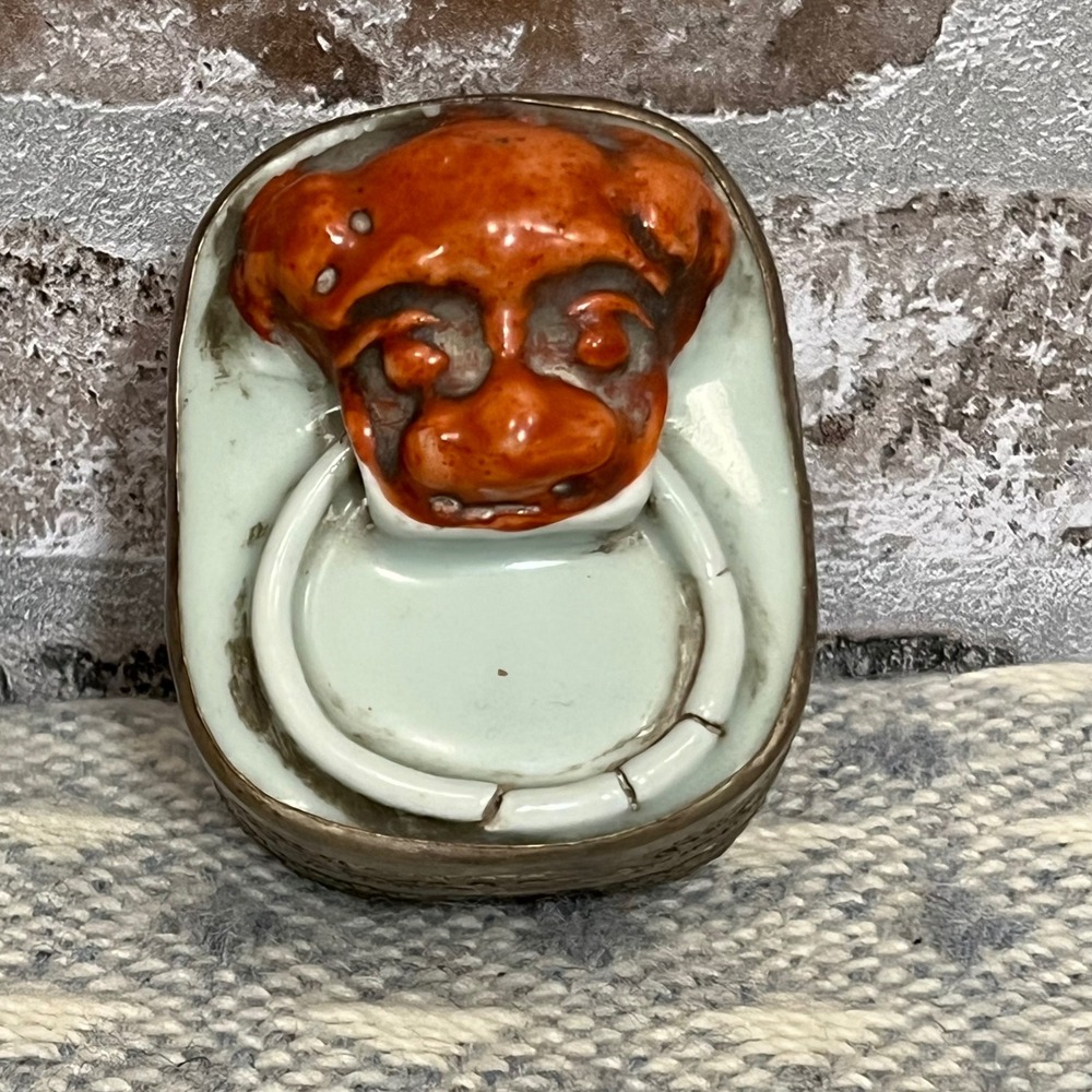 Antique Chinese Foo Dog Porcelain and Silver box w/ Relief Pattrn‎